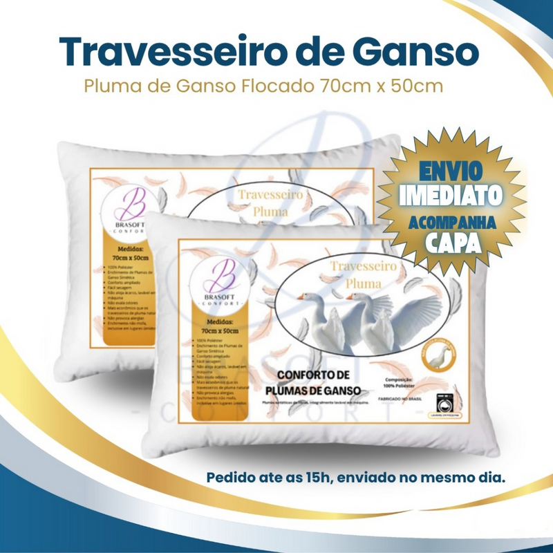 Kit 4 Travesseiro Pluma de Ganso Flocado Em Espuma Confortavel e Macio Antiacaro 70x50cm